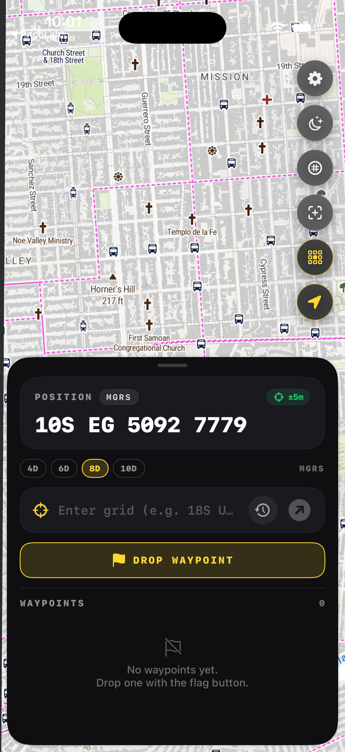 GridNav showing live MGRS coordinates with map and grid overlay