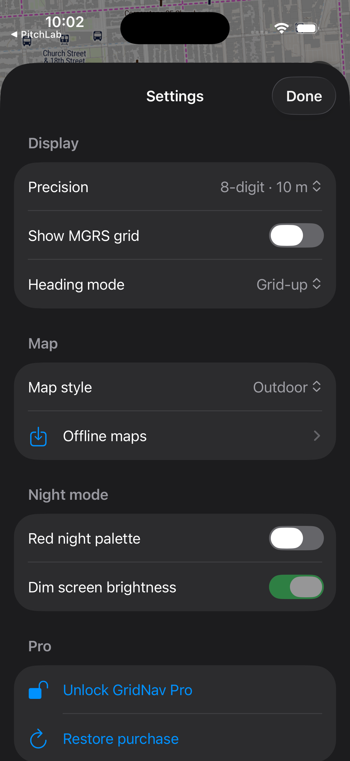 GridNav coordinate input and navigation card showing distance and bearing