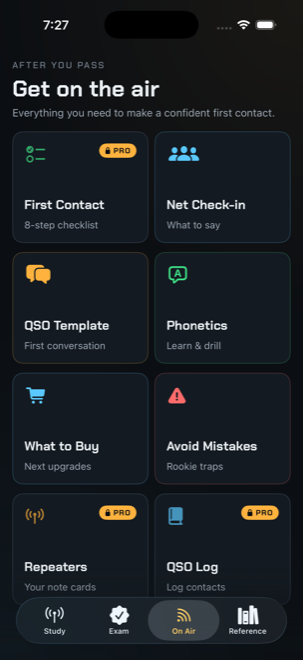 After You Pass screen with first-contact checklist, net check-in, QSO template and more