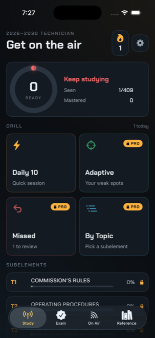 Study home screen showing readiness score, daily drills and topic progress
