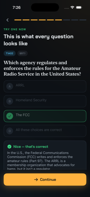 Practice question with the correct FCC answer and a plain-English explanation