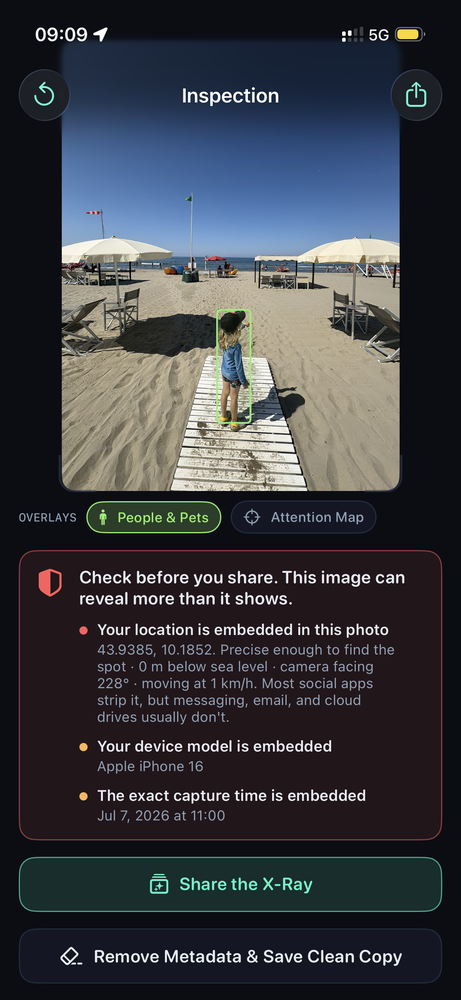 Image Inspector inspecting a beach photo with a People and Pets overlay and a Check before you share panel warning that an embedded GPS location, the Apple iPhone 16 device model and the exact capture time are stored in the photo