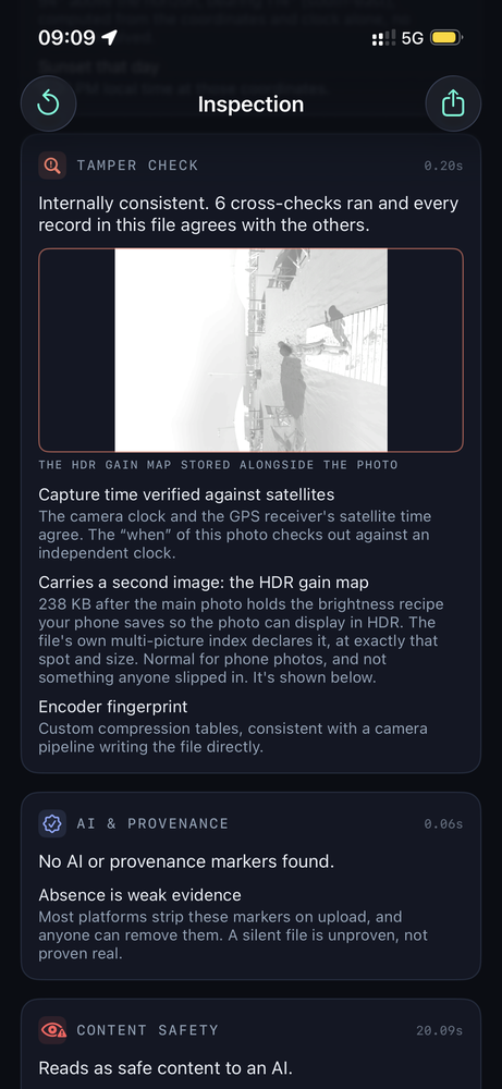 Image Inspector's tamper check finding the file internally consistent after six cross-checks, above its AI and provenance and content safety results