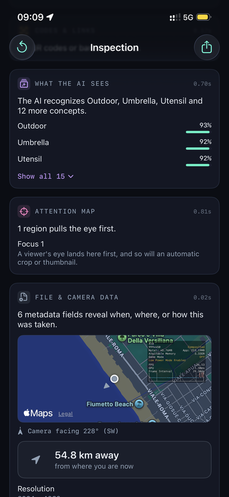 Image Inspector showing the concepts the AI recognizes with confidence scores, an attention map, and file and camera data plotting the embedded GPS location on a map with the camera bearing and distance
