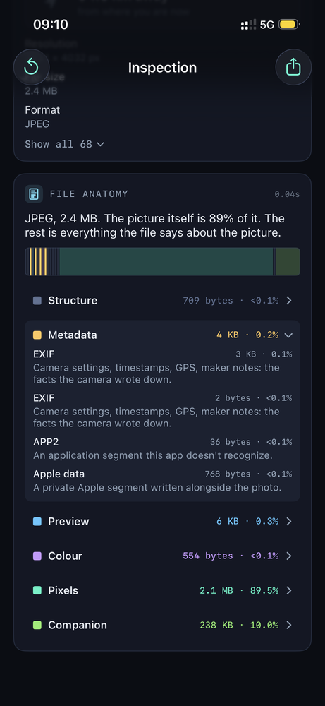 Image Inspector's file anatomy breaking a JPEG into structure, metadata with EXIF and Apple segments, preview, colour, pixels and a companion HDR gain map by byte size