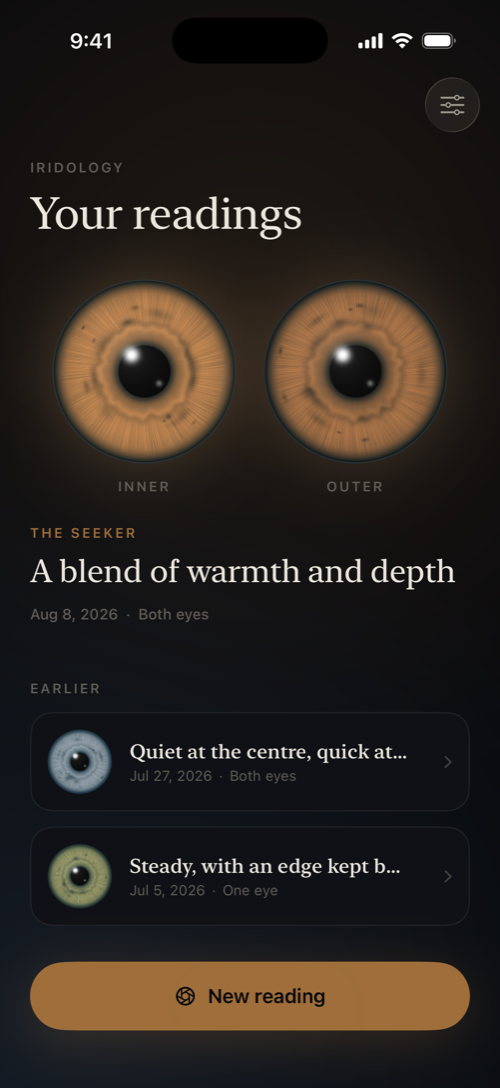 The Iridology home screen showing a library of past readings
