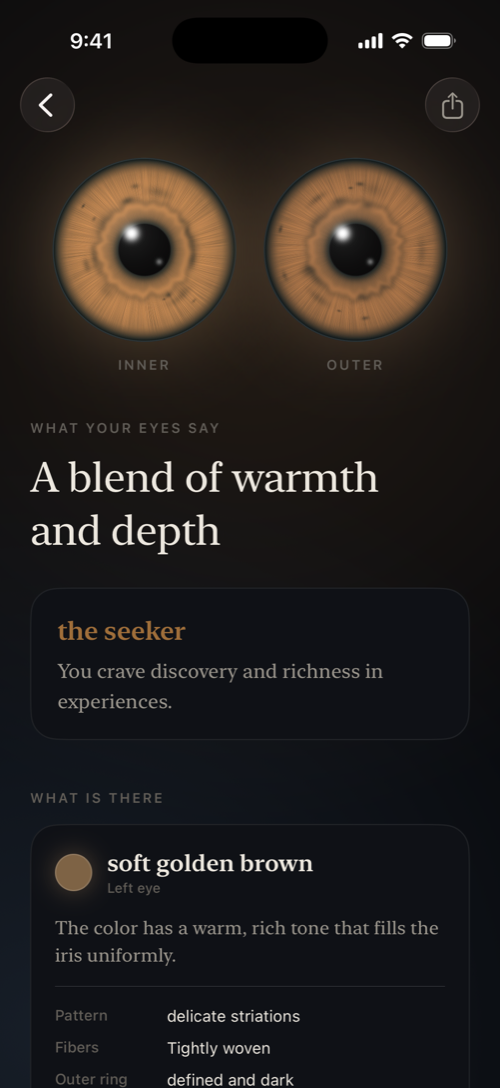 A reading headline reading A blend of warmth and depth, with the archetype the seeker