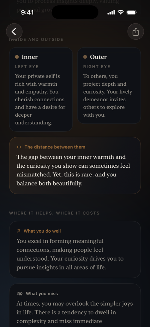 Inner and outer self compared side by side, with sections for what you do well and what you miss
