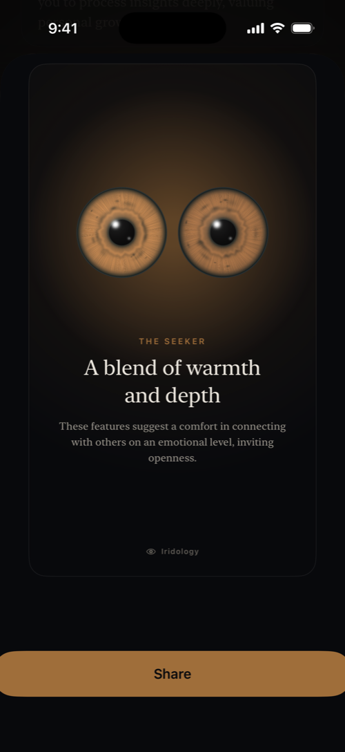 A share card with both irises, the archetype the seeker, and the reading headline