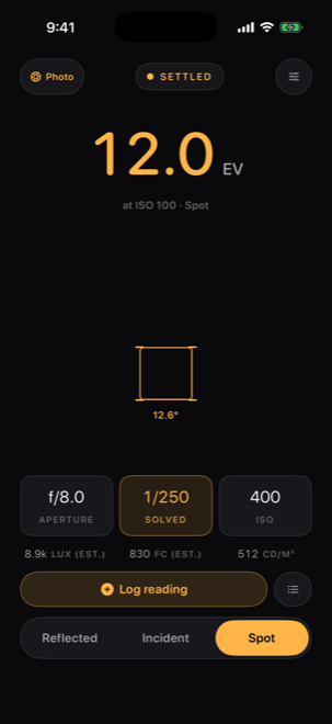 Spot metering with a reticle printing its angle of view as 12.6 degrees