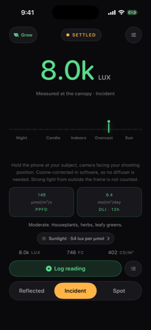 Grow mode showing 149 PPFD and 6.4 DLI with the assumed spectrum on screen