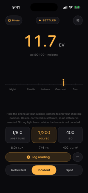 Incident metering, cosine corrected in software so no diffuser is needed
