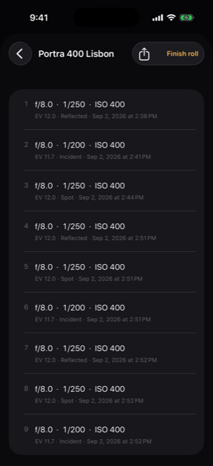 A roll of nine logged frames with exposure, EV, mode and timestamp