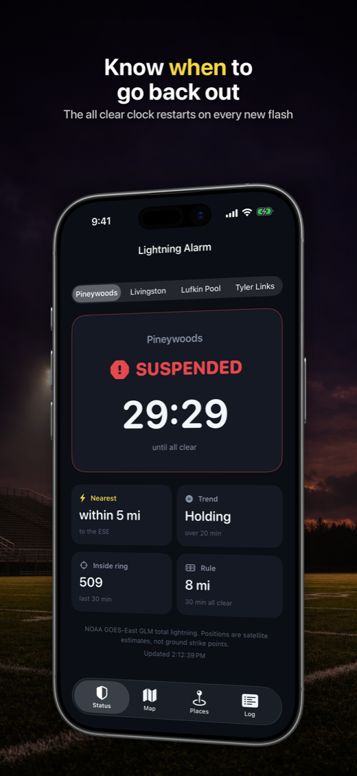 Status screen showing Pineywoods SUSPENDED with a 29 minute 29 second all clear countdown, nearest activity within 5 miles to the ESE and a holding trend