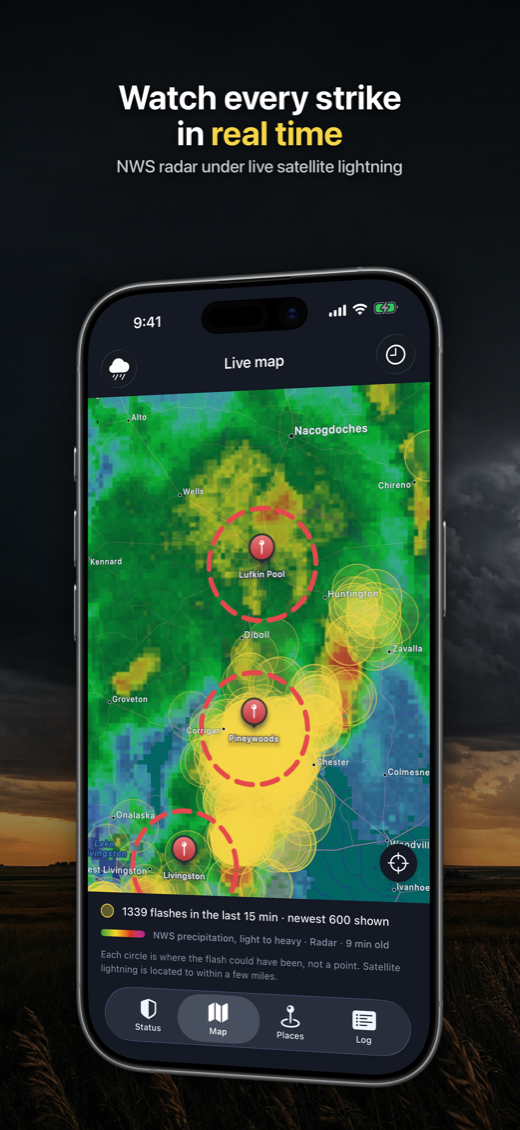Live map with National Weather Service radar under yellow flash discs and dashed policy rings around three saved places