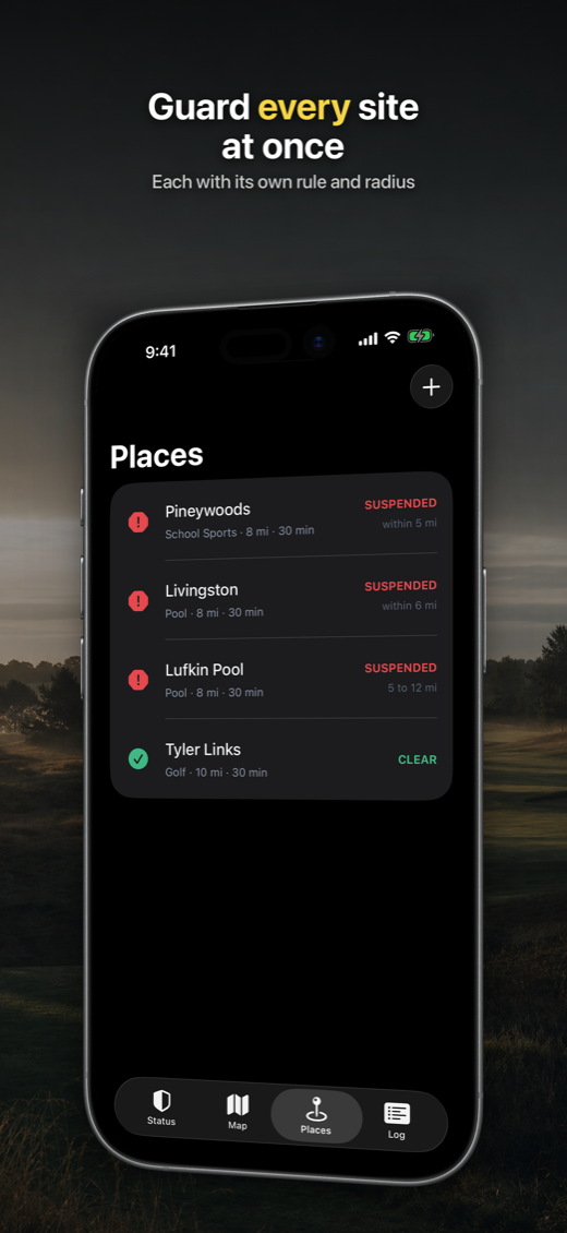 Places list with four saved sites, each showing its rule preset, radius, all clear window and current status