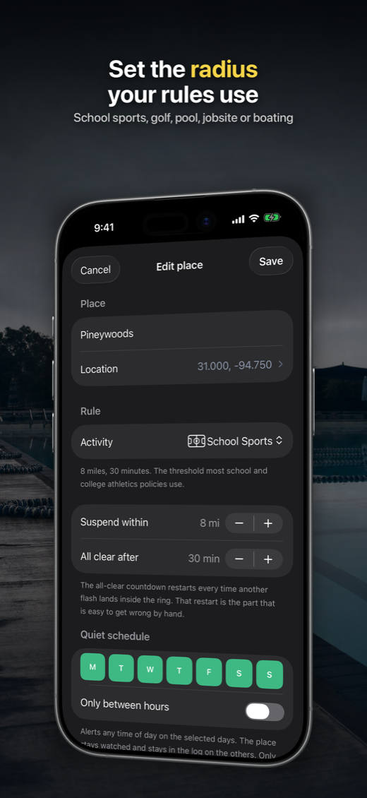 Place editor with a School Sports activity preset, an 8 mile suspend radius, a 30 minute all clear window and a quiet schedule