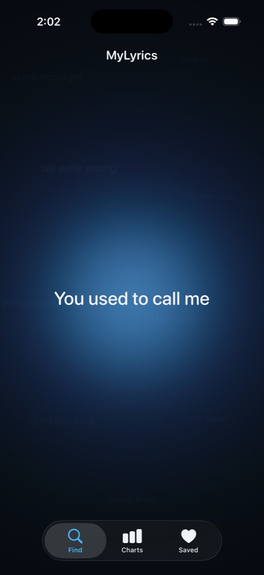 MyLyrics search screen with the lyric &ldquo;You used to call me&rdquo; typed on a glowing dark canvas