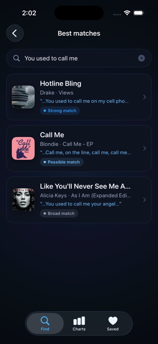 MyLyrics results list showing Hotline Bling, Call Me and Like You&rsquo;ll Never See Me Again with confidence labels