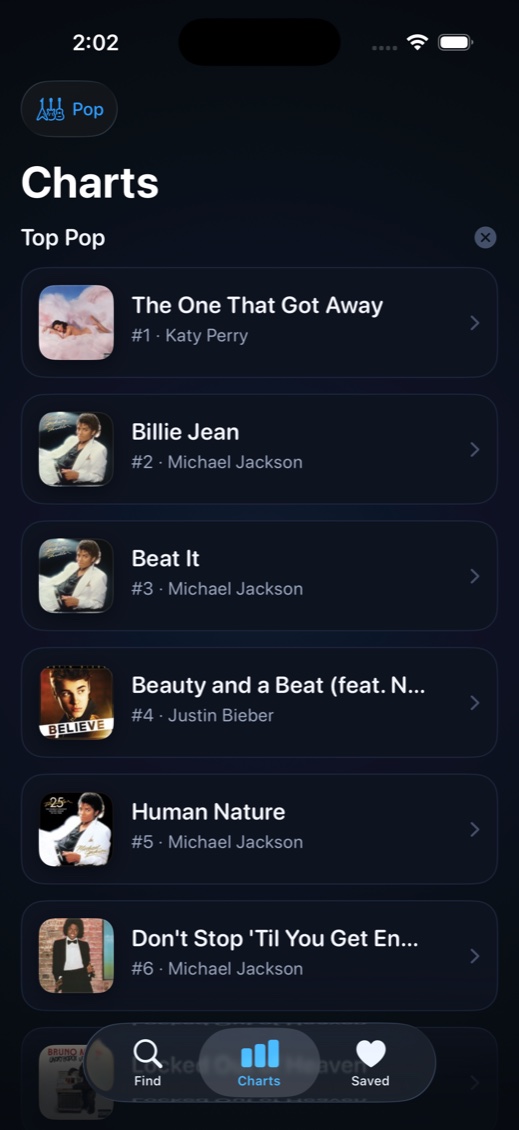 MyLyrics charts screen listing top pop songs by rank