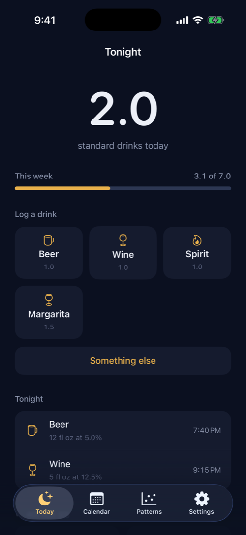 The Today screen with drink presets laid out in a grid and tonight's drinks listed below