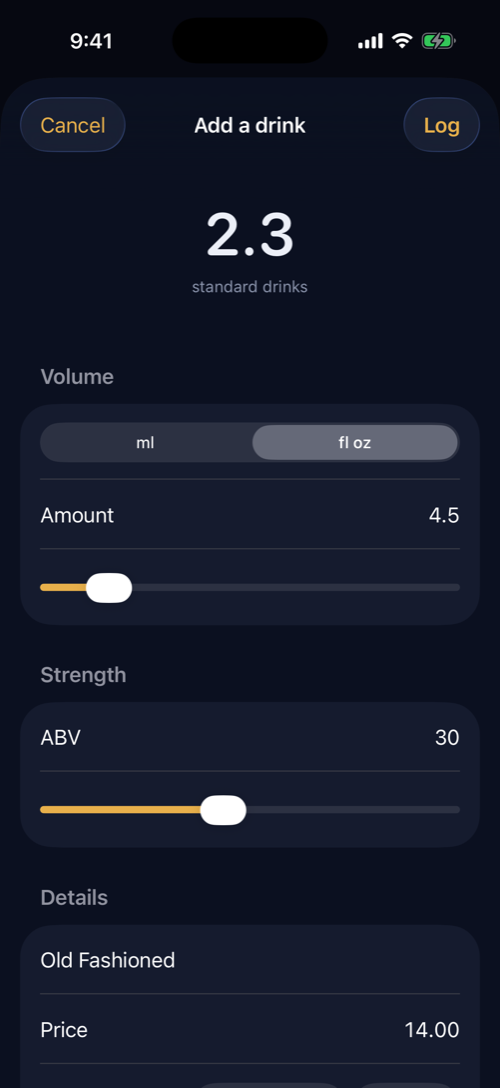 The drink editor with fields for exact volume in fluid ounces and ABV to one decimal place