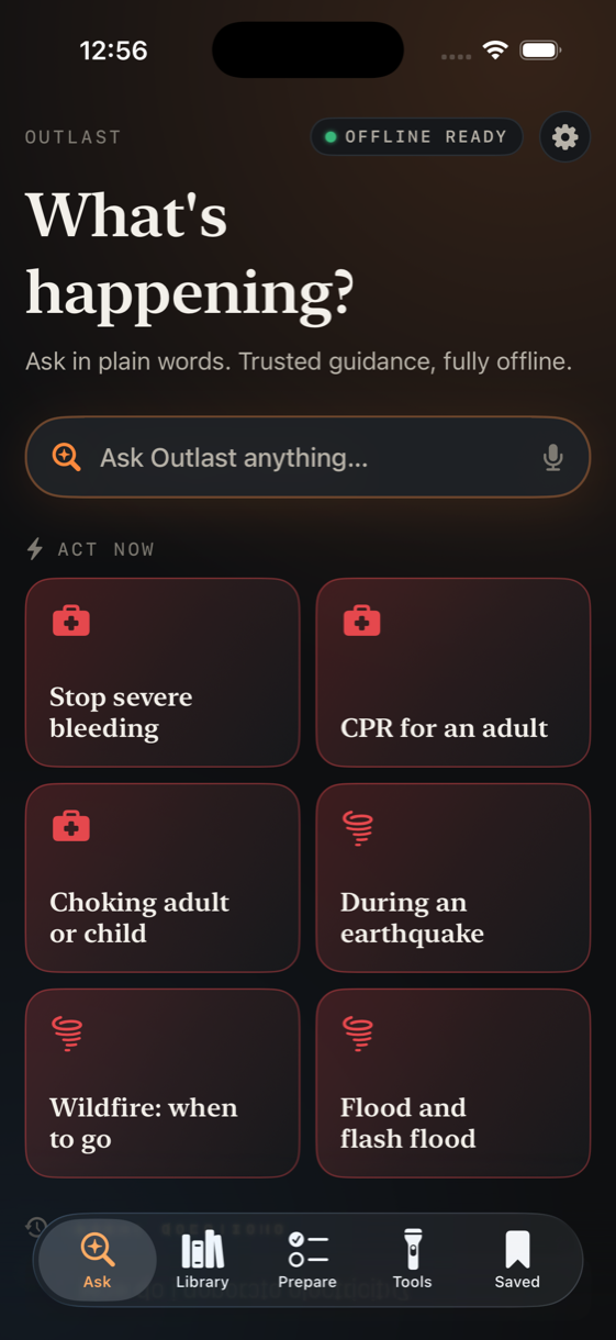 The Ask screen with one-tap acute actions like stop severe bleeding and CPR