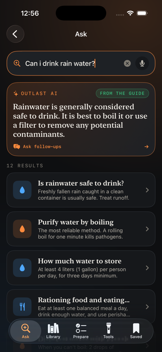 An answer about drinking rainwater pulled from the vetted guide, with sources below
