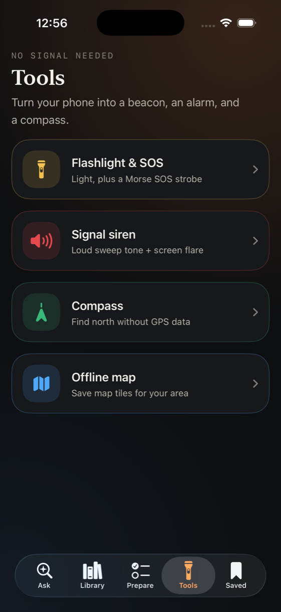 Tools that turn the phone into a flashlight, SOS strobe, siren and compass