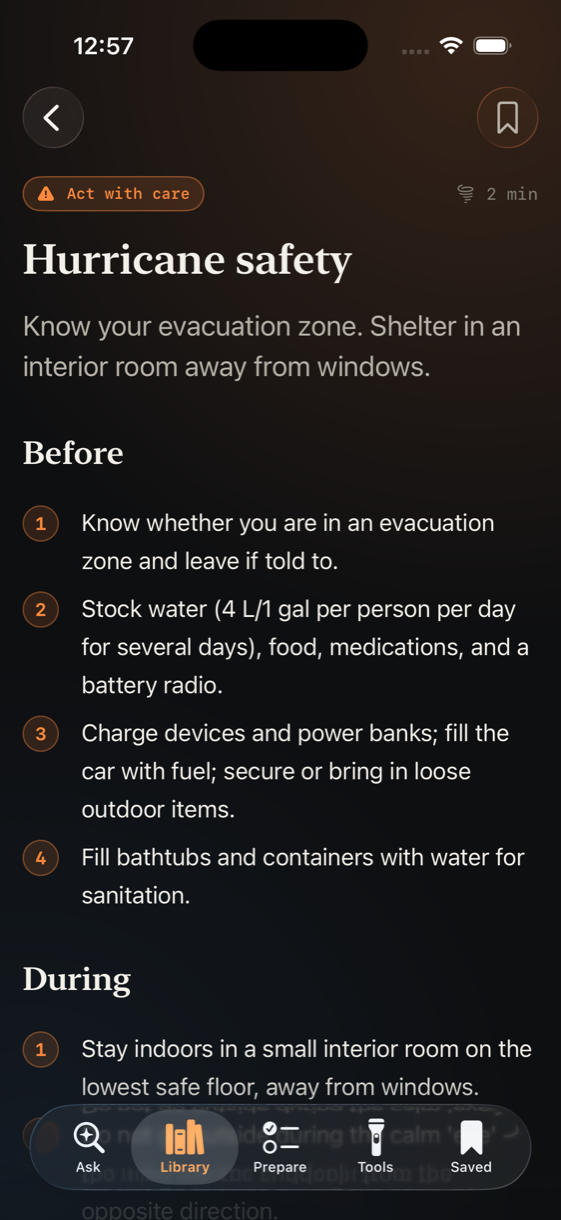 A hurricane safety article organized into before, during and after phases