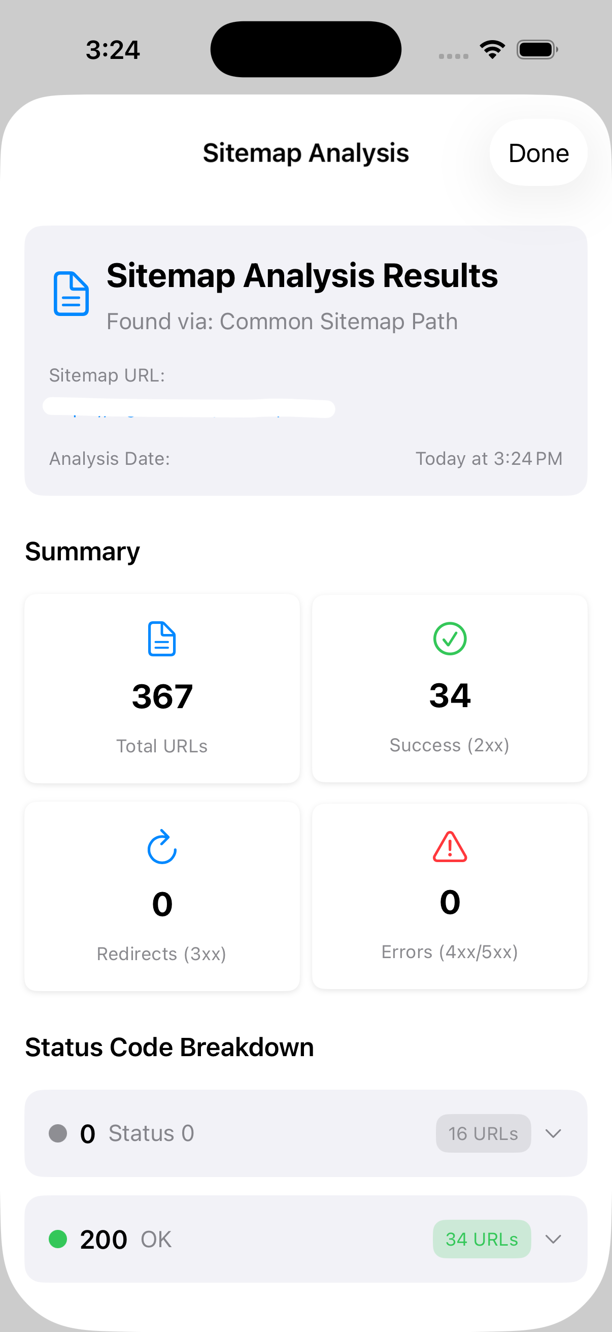 Sitemap analysis results
