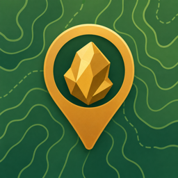 Paydirt app icon: a gold nugget inside a map pin on a topographic contour field