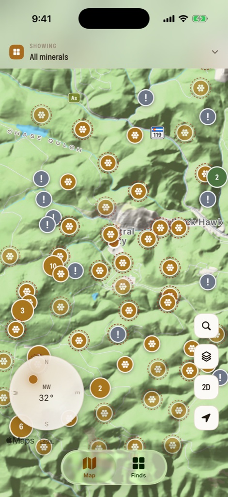 The Paydirt map near Central City, Colorado, showing dozens of mineral site pins over shaded terrain with a sun dial in the corner