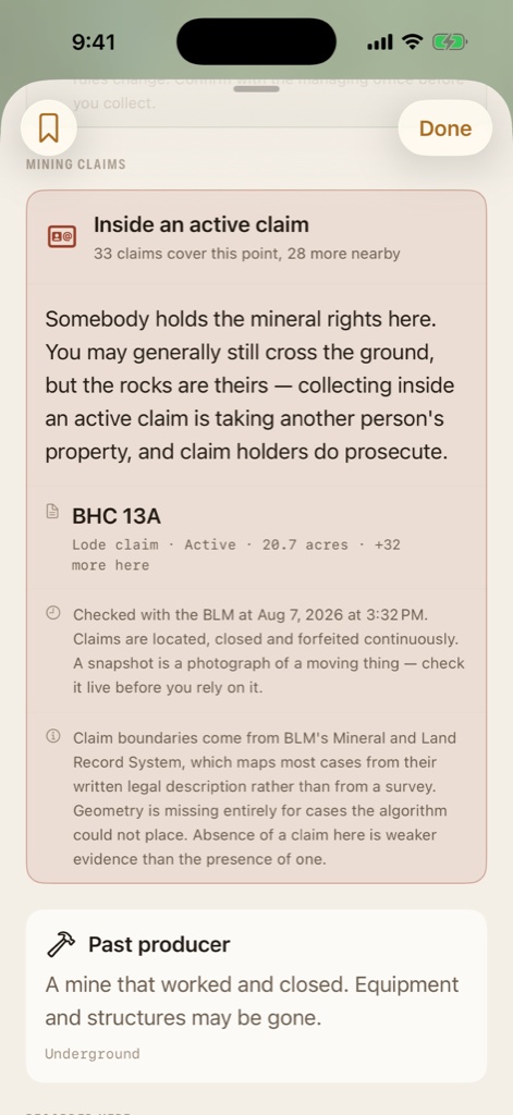 A Paydirt sheet reading Inside an active claim, with 33 claims covering the point and the BLM check timestamp