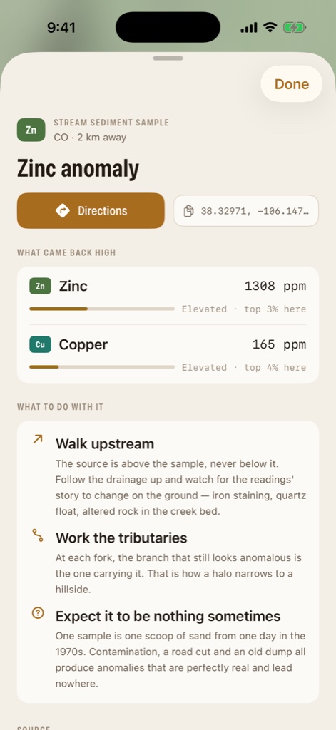 A Paydirt stream sediment sample sheet showing a zinc anomaly at 1308 ppm and advice to walk upstream
