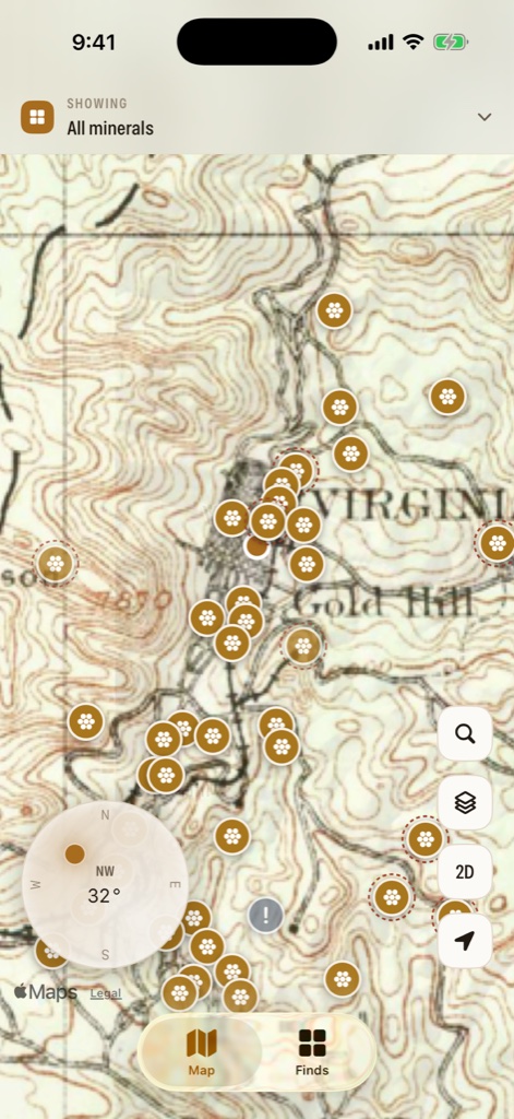 A historic USGS topographic sheet of Gold Hill and Virginia City draped over the live Paydirt map