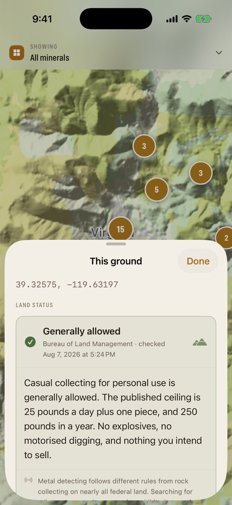 A Paydirt land status sheet reading Generally allowed, Bureau of Land Management, with the published collecting ceiling