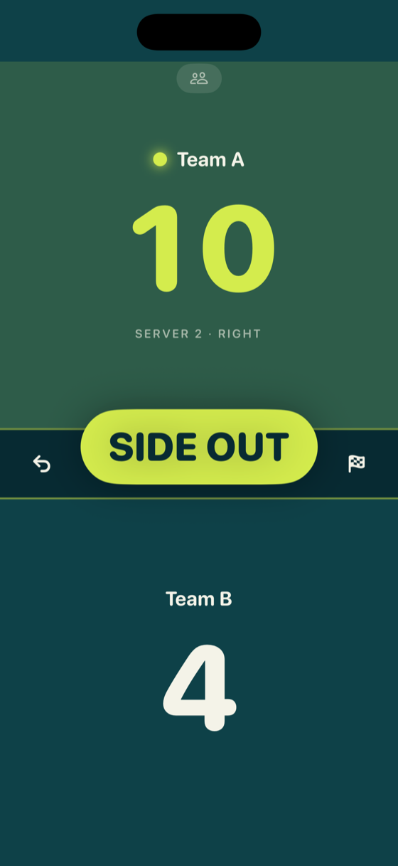 Live match view with a big Side Out button and team scores