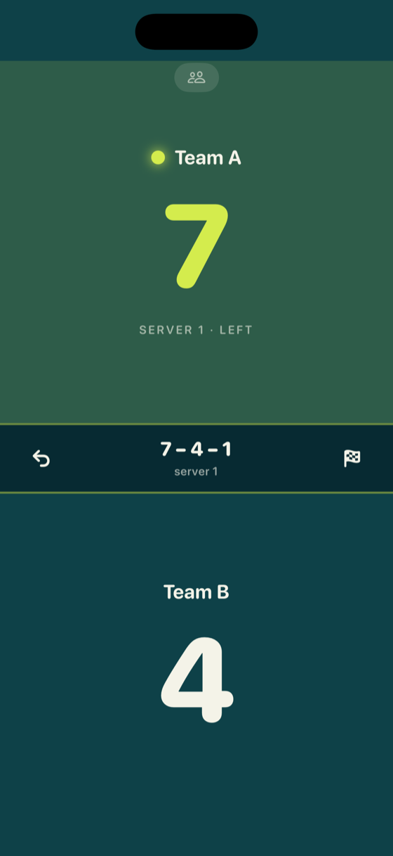 Scoreboard showing server, side, and the running rally count