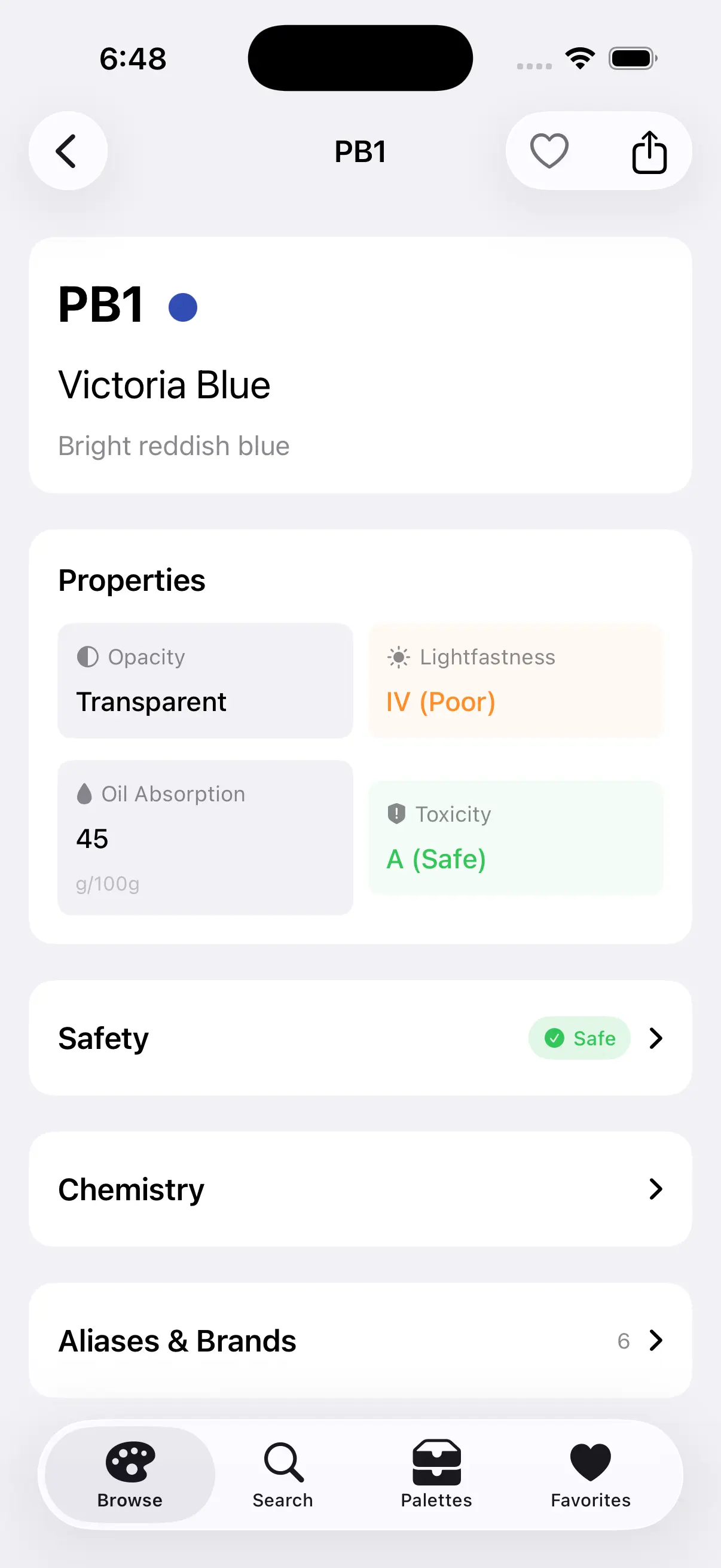 Pigments app detail screen showing a cadmium pigment toxicity badge and suggested safer alternatives