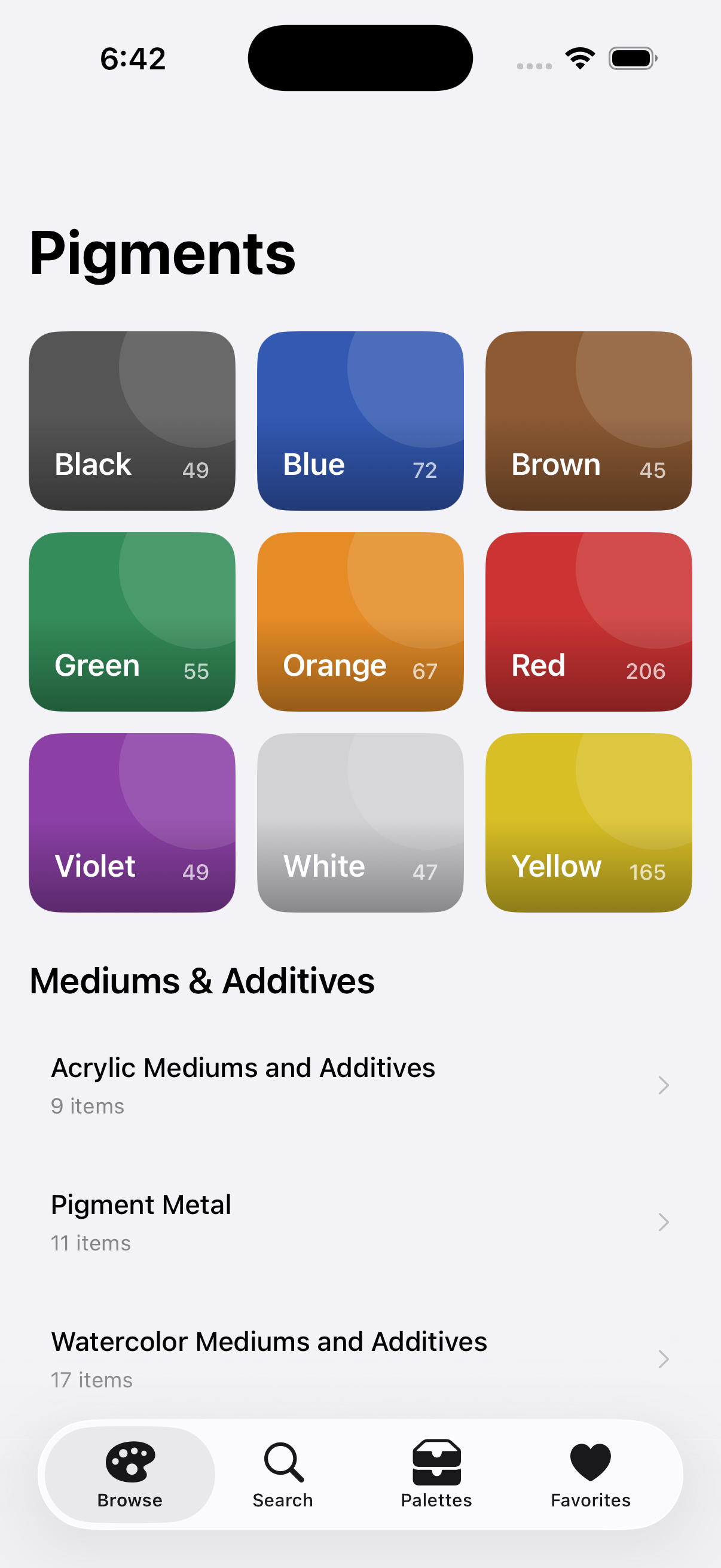 Pigments home screen showing color groups