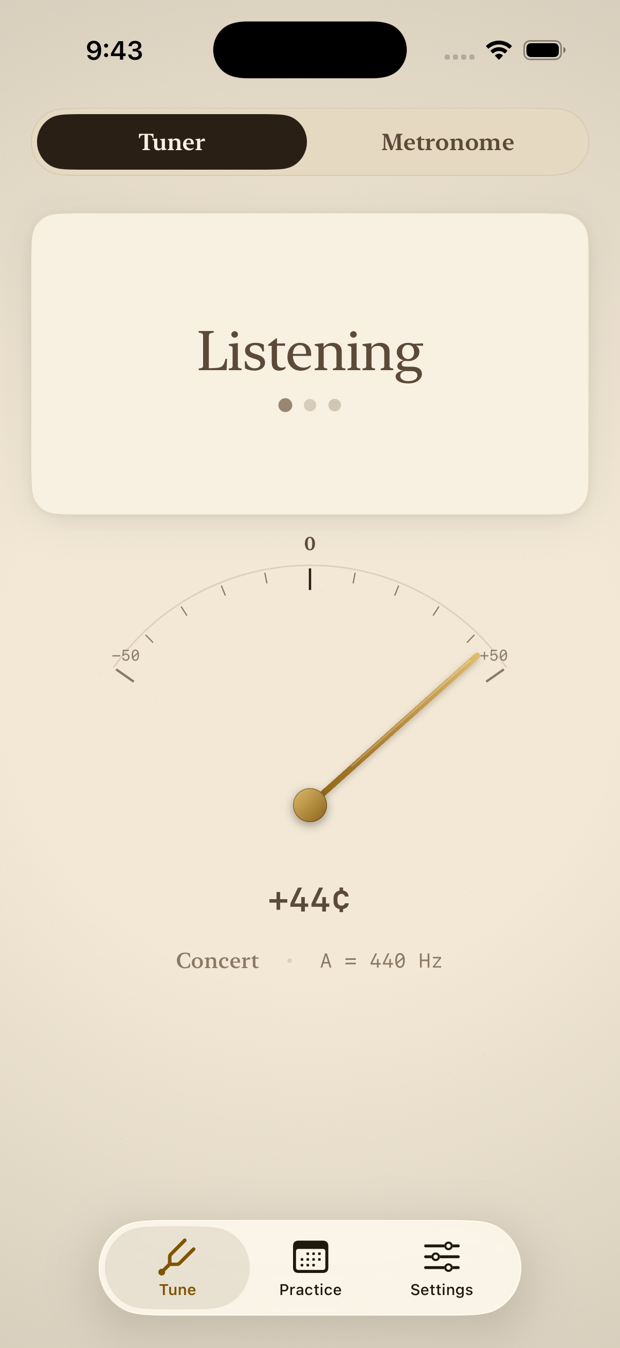 PitchLab tuner screen showing a stable chromatic note read-out