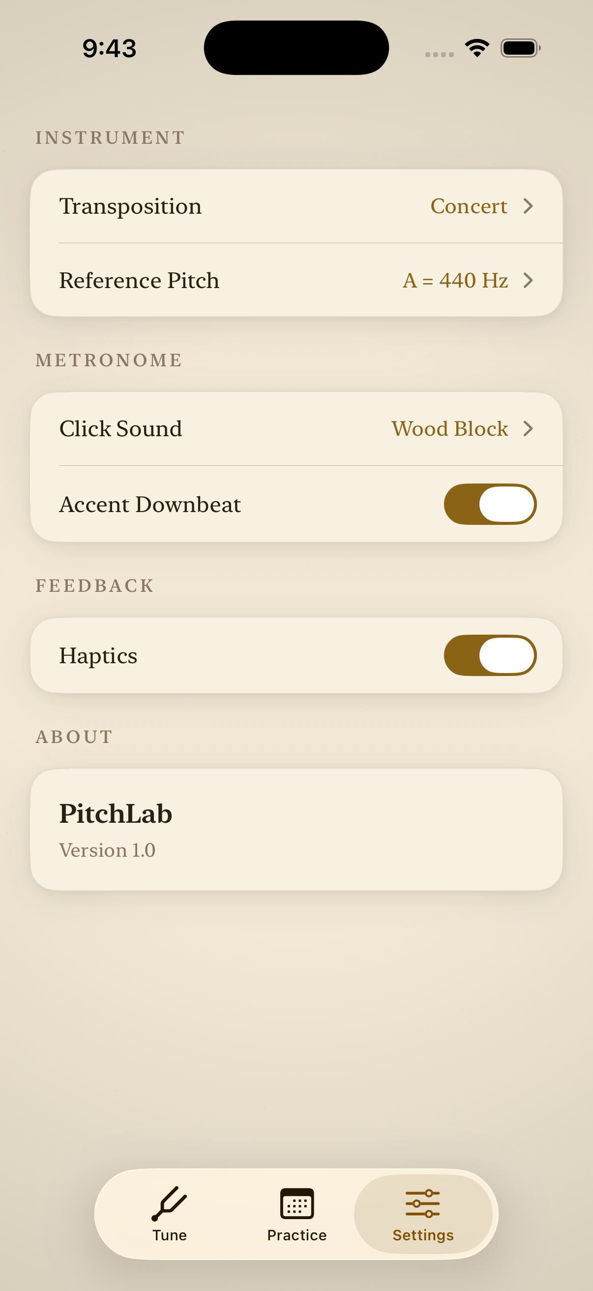 PitchLab metronome screen with tap tempo and accent controls