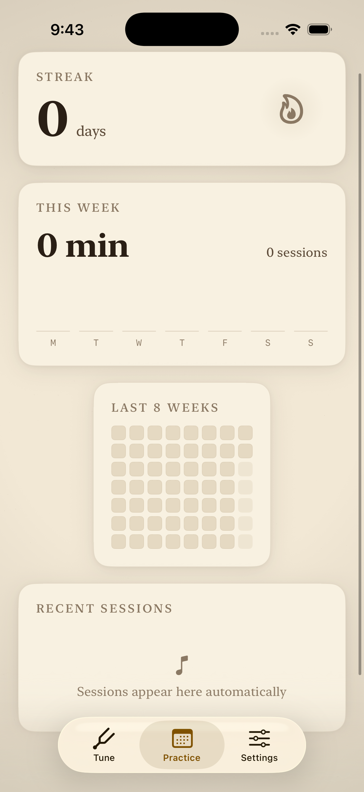 PitchLab practice history with streak and weekly bar chart