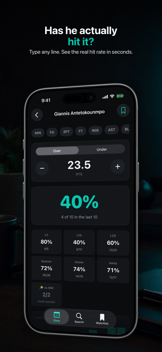 PropSplits showing a 40 percent hit rate on a 23.5 points line