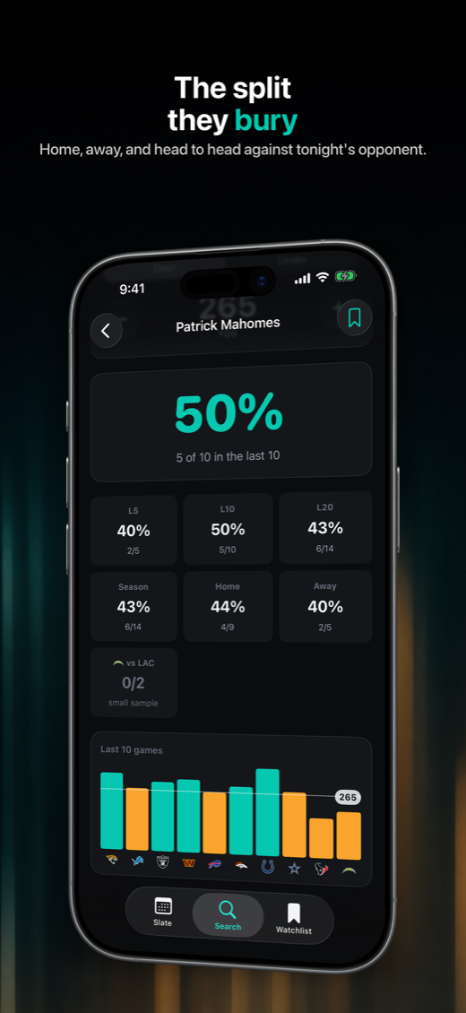 Passing yards splits with a bar per game and opponent crests