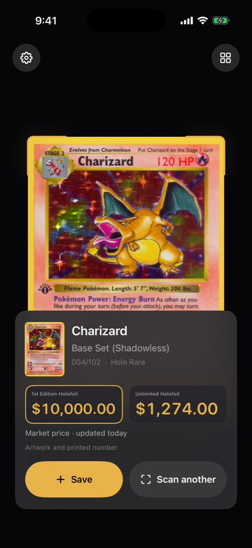 Raritas identifying a Base Set Charizard, showing $10,000.00 for the 1st Edition Holofoil and $1,274.00 for the Unlimited Holofoil.