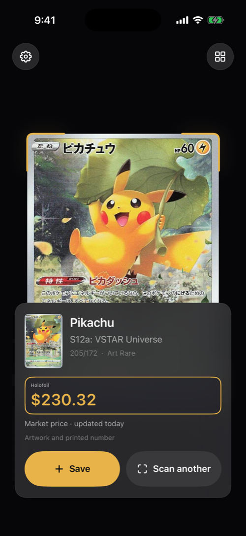 A Japanese Pikachu card read by Raritas: S12a VSTAR Universe, 205/172, Art Rare, Holofoil at $230.32.