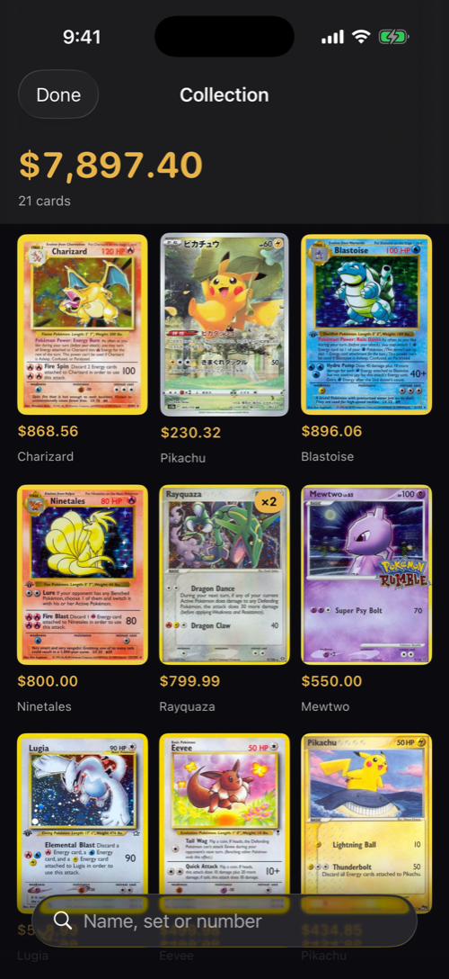 The Raritas collection screen: a running total of $7,897.40 across 21 cards, shown as a grid of priced card thumbnails.