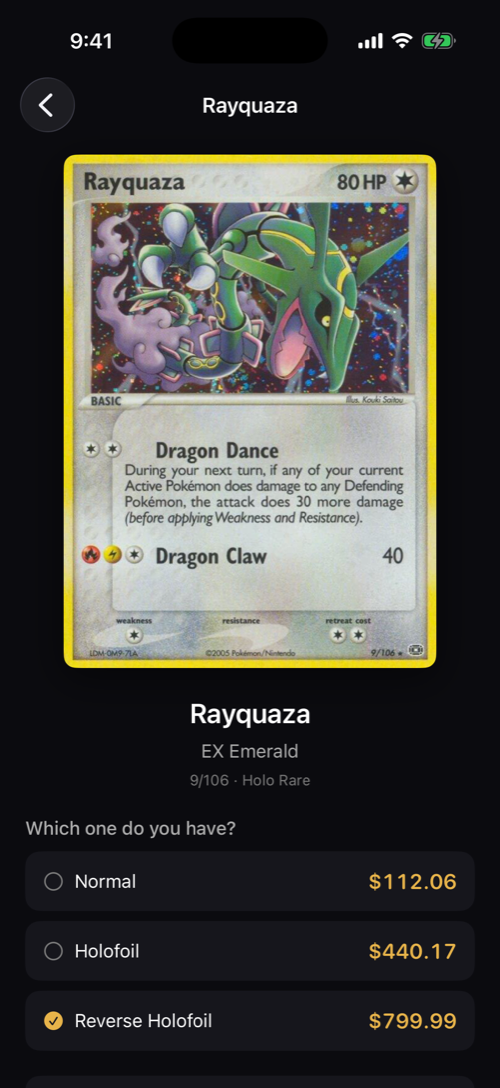 A Rayquaza card detail screen in Raritas asking which finish you have, with Normal at $112.06, Holofoil at $440.17 and Reverse Holofoil at $799.99.